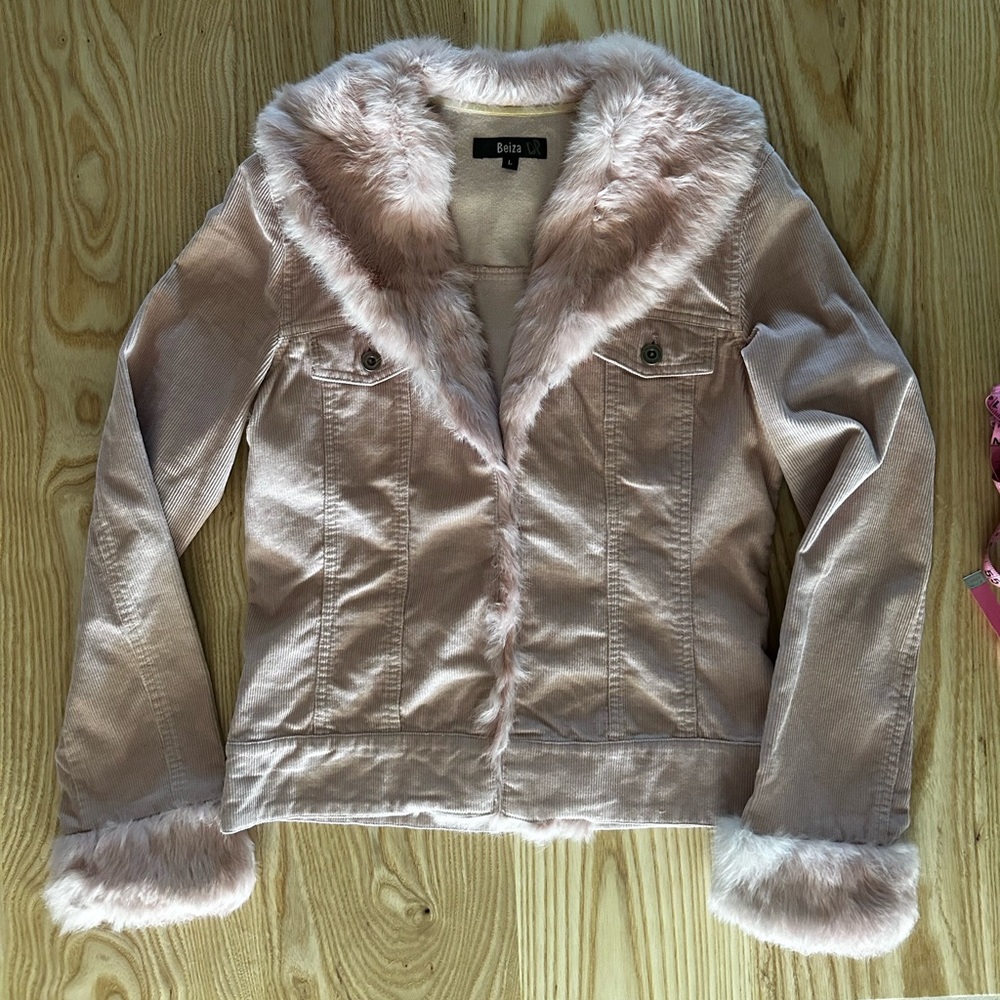 Y2K Vintage Fur Coat Beiza Corduroy Fur Collared Jacket Light Pink Size Large